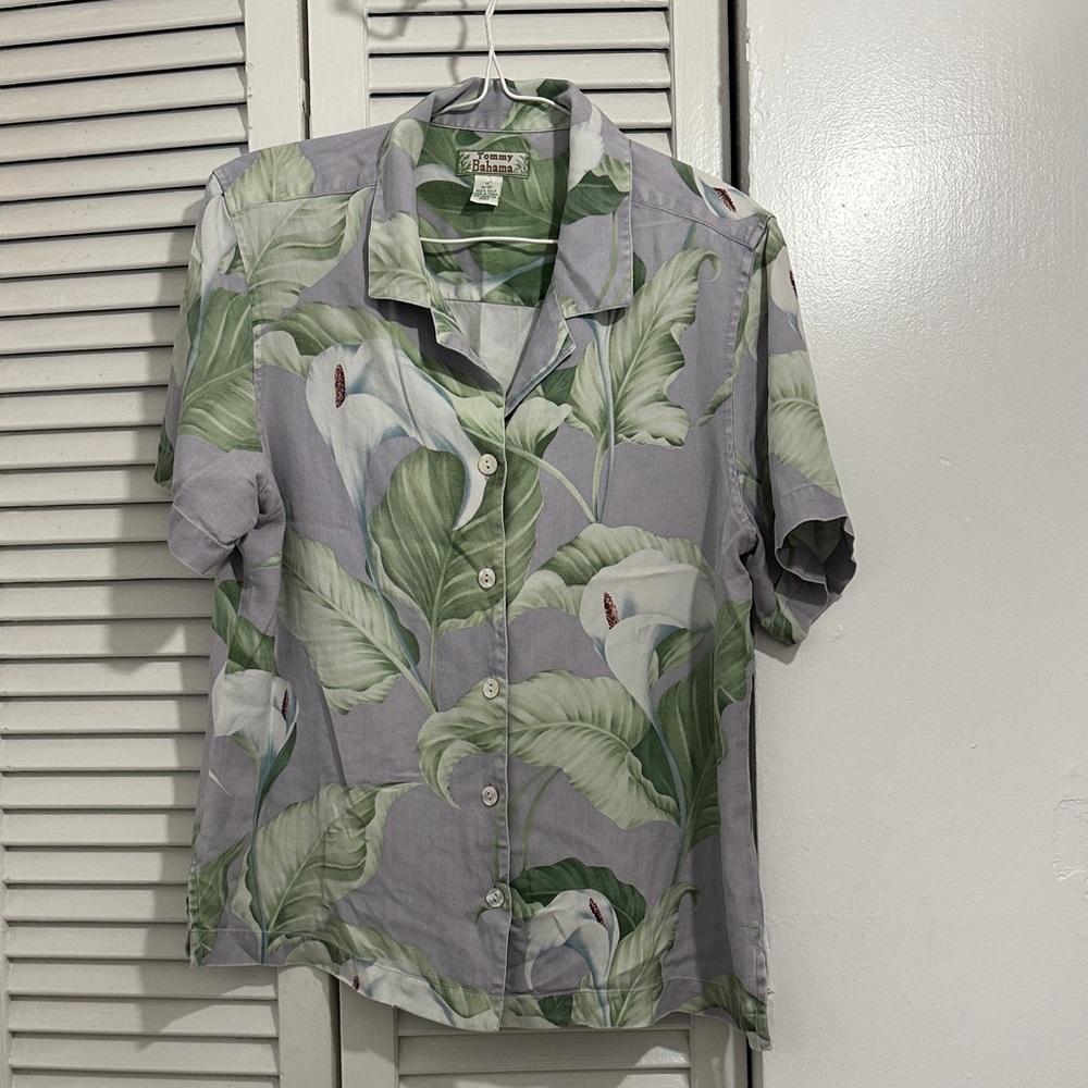 Tommy Bahama Lavender and Green Tropical Button-Up Shirt
